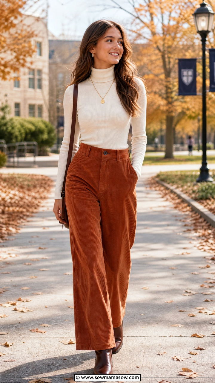 Turtleneck Top and Corduroy Pants - 25 Boarding school outfit ideas teens