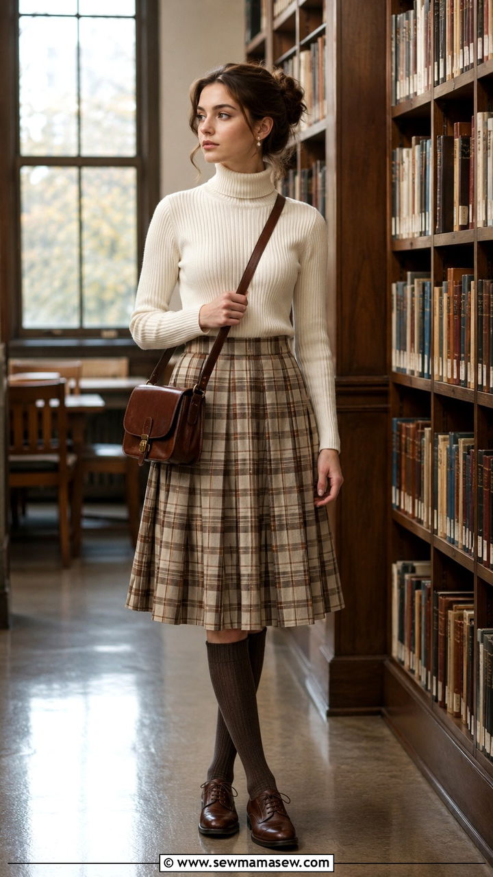 Turtleneck Tucked into Tartan Skirt - 30 light academia outfits to copy