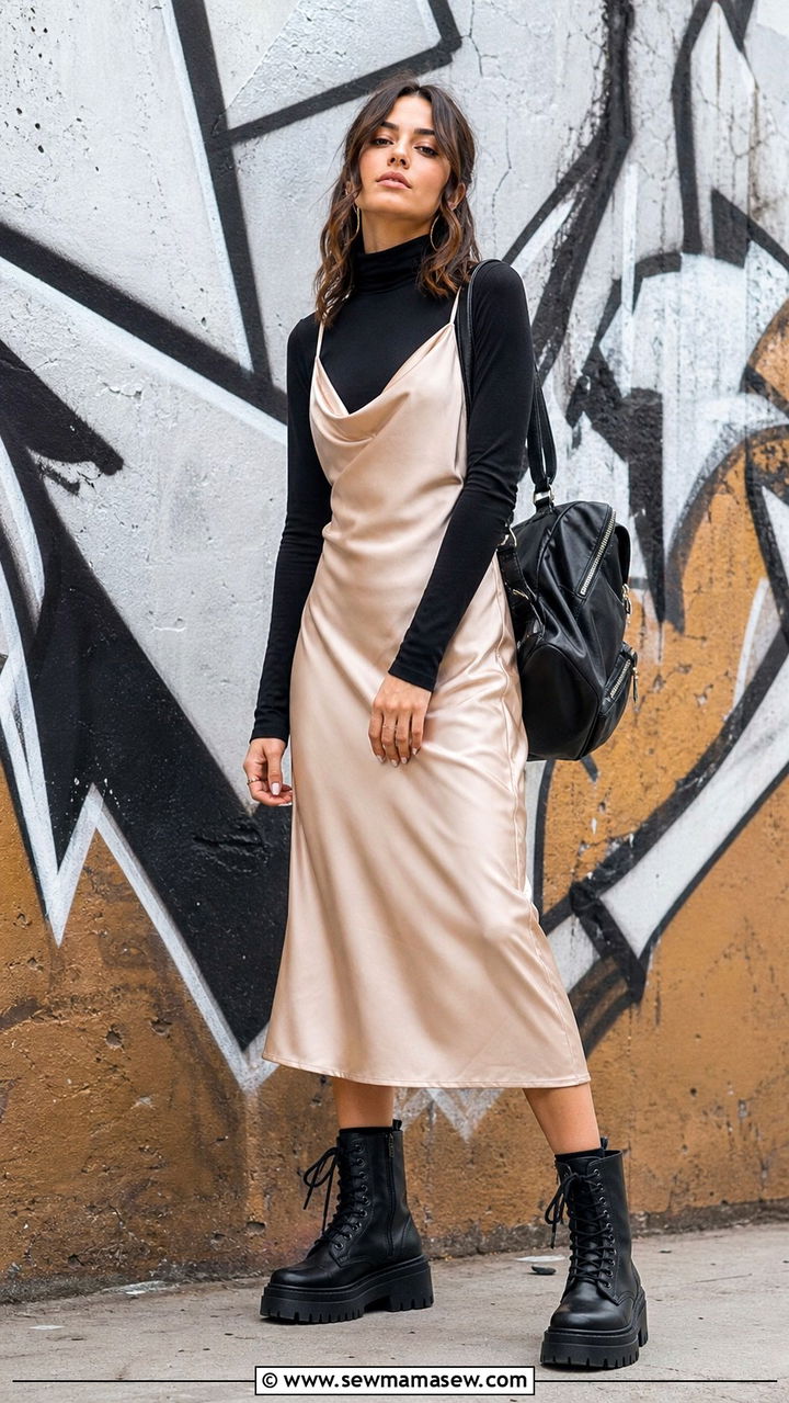 Turtleneck Under A Slip Dress With Combat Boots - 40 back to school outfit ideas