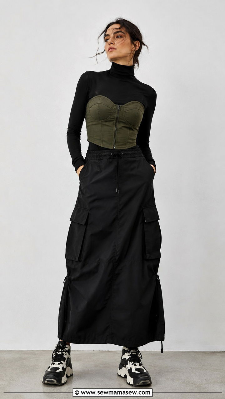 Turtleneck Under Corset With Cargo Maxi Skirt And Sneakers - 30 casual edgy outfits