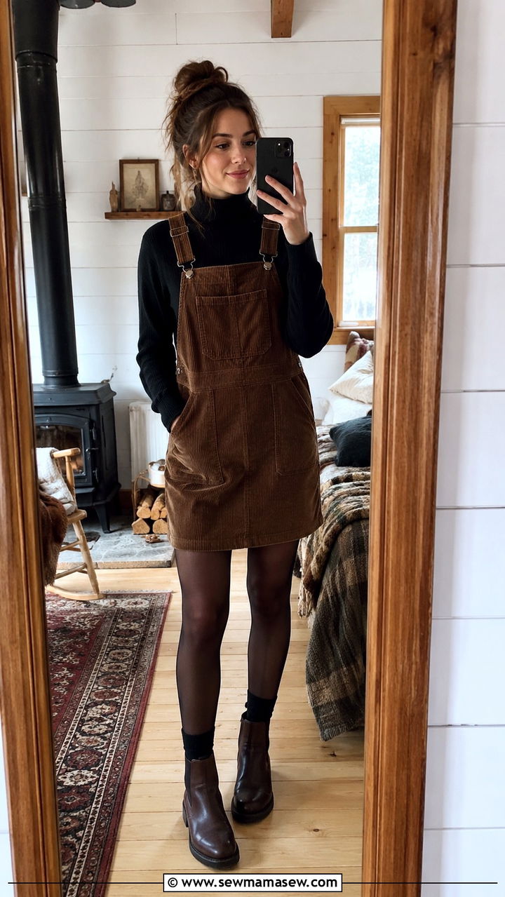 Turtleneck Under Overall Dress With Ankle Boots - 30 casual poetcore outfits