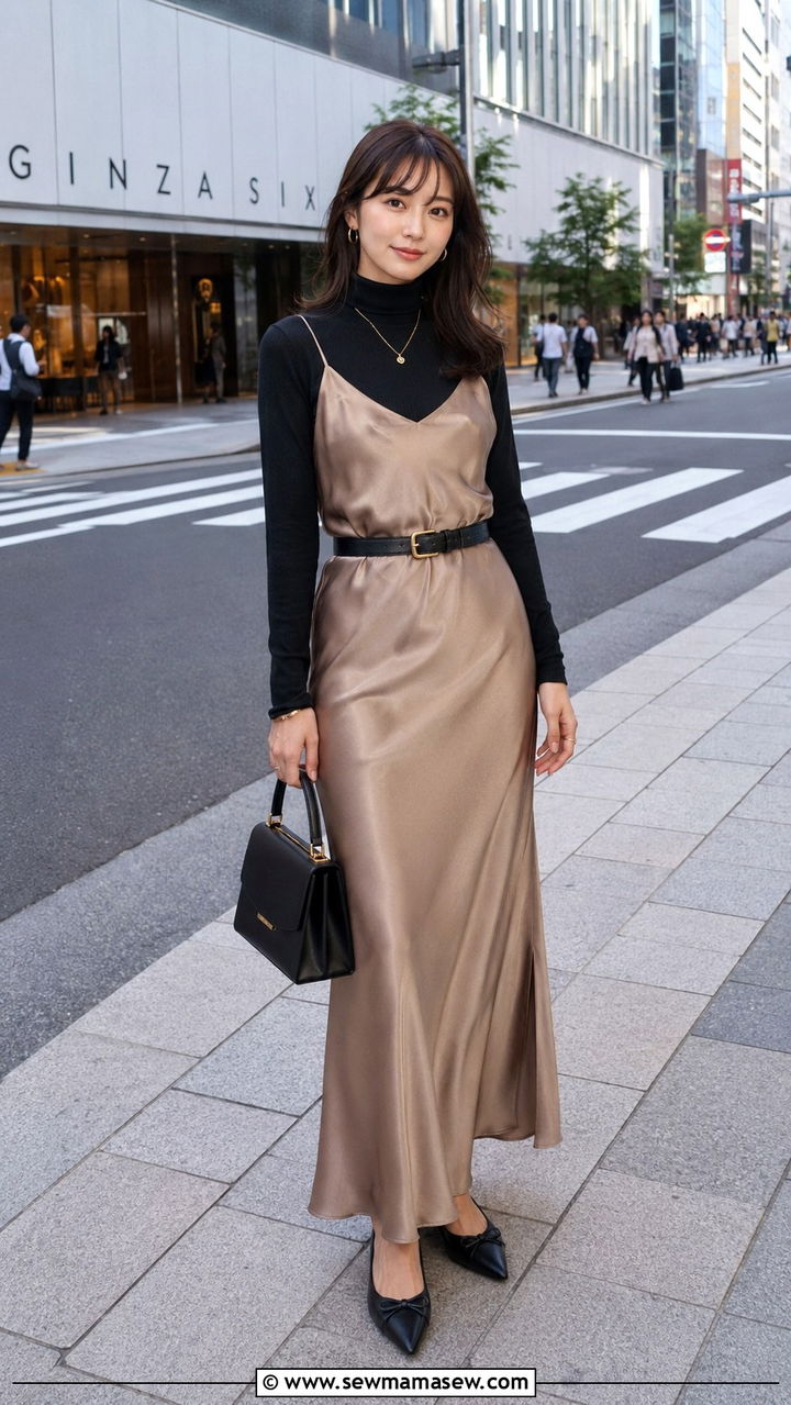 Turtleneck Under Slip Dress With Pointed Flats - 30 Tokyo outfit ideas