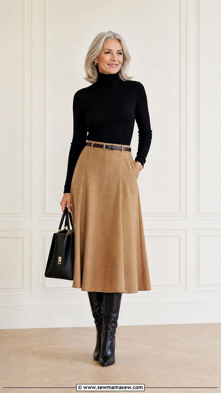 Turtleneck With A Line Skirt - 30 Modest outfits for women over 50