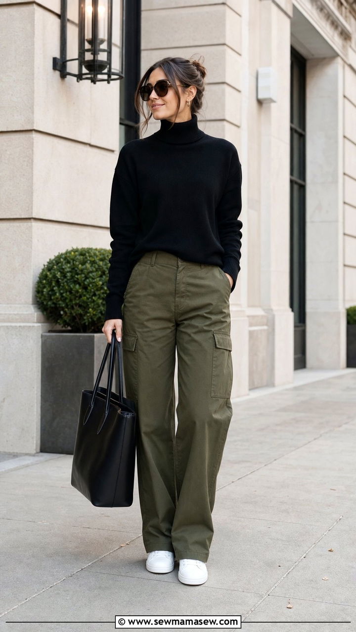 Turtleneck With Cargo Pants And Sneakers - 35 casual errands outfits