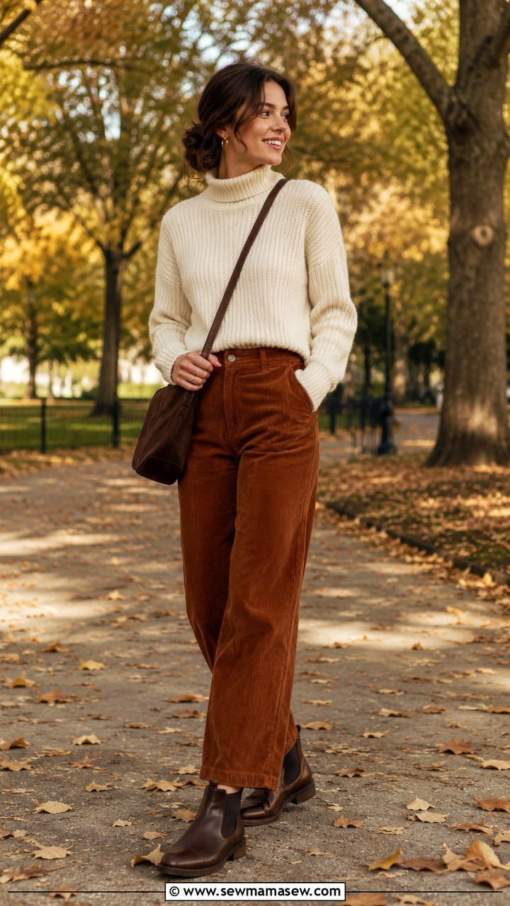 Turtleneck With Corduroy Pants - 30 transitional cute outfit ideas