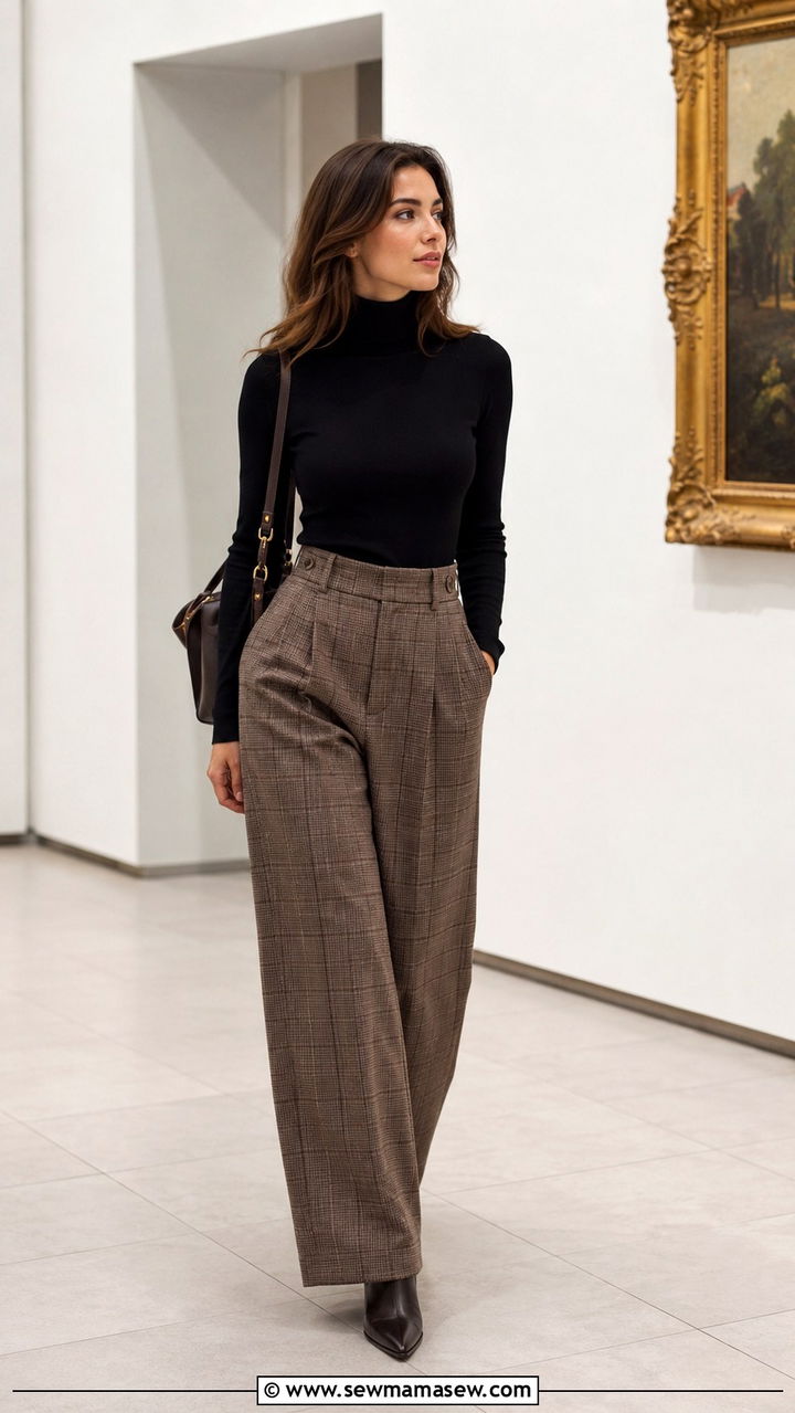 Turtleneck With High Waisted Brown Plaid Trousers - 20 dark academia outfits to copy