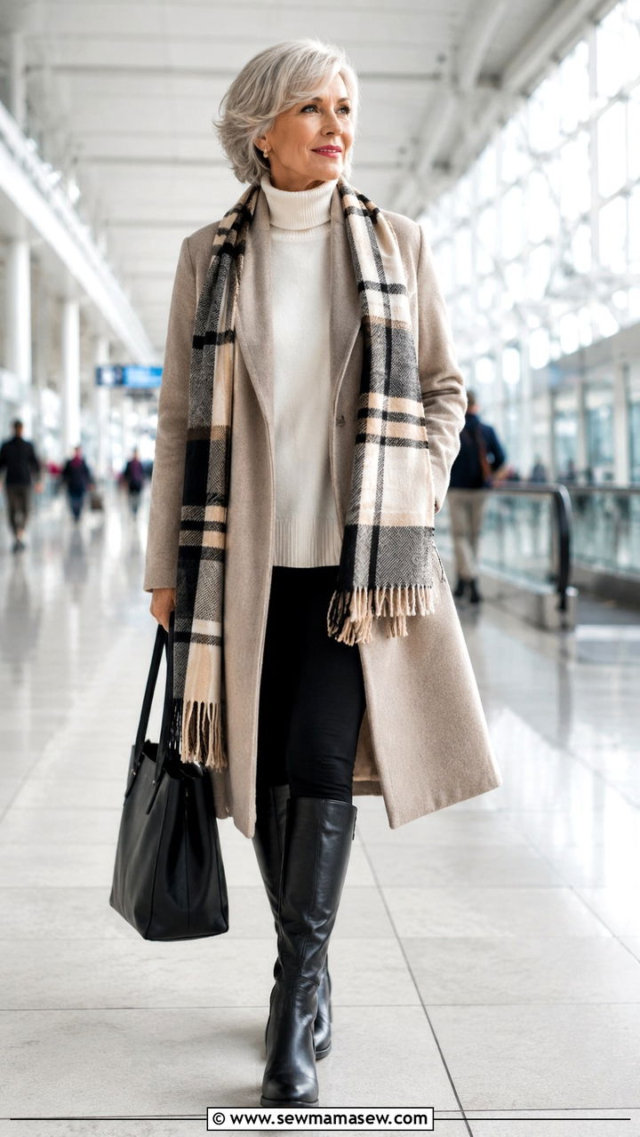 Turtleneck With Leggings And Long Coat - 30 Travel outfits for women over 60