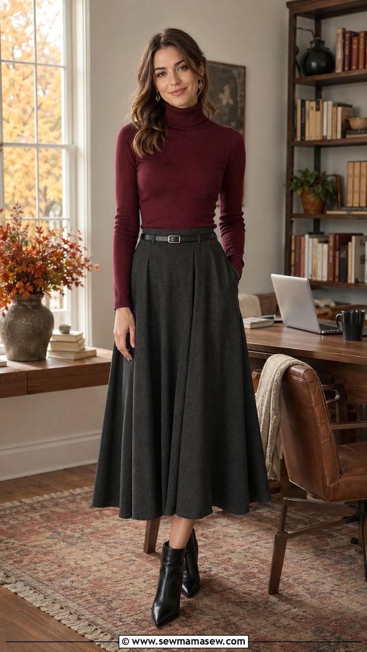 Turtleneck With Midi Skirt And Ankle Boots - 30 Zoom meeting outfit ideas