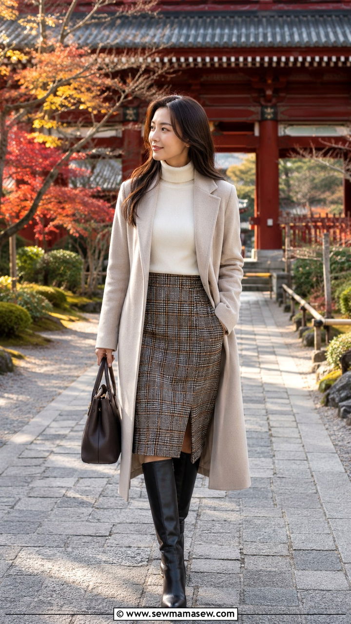 Turtleneck With Midi Skirt And Knee High Boots - 30 Tokyo vacation outfit ideas