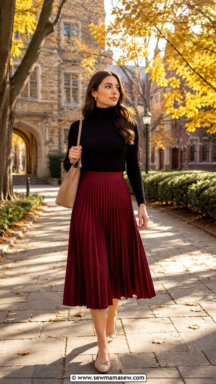 Turtleneck With Pleated Midi Skirt And Ballet Flats - 30 classy college outfits