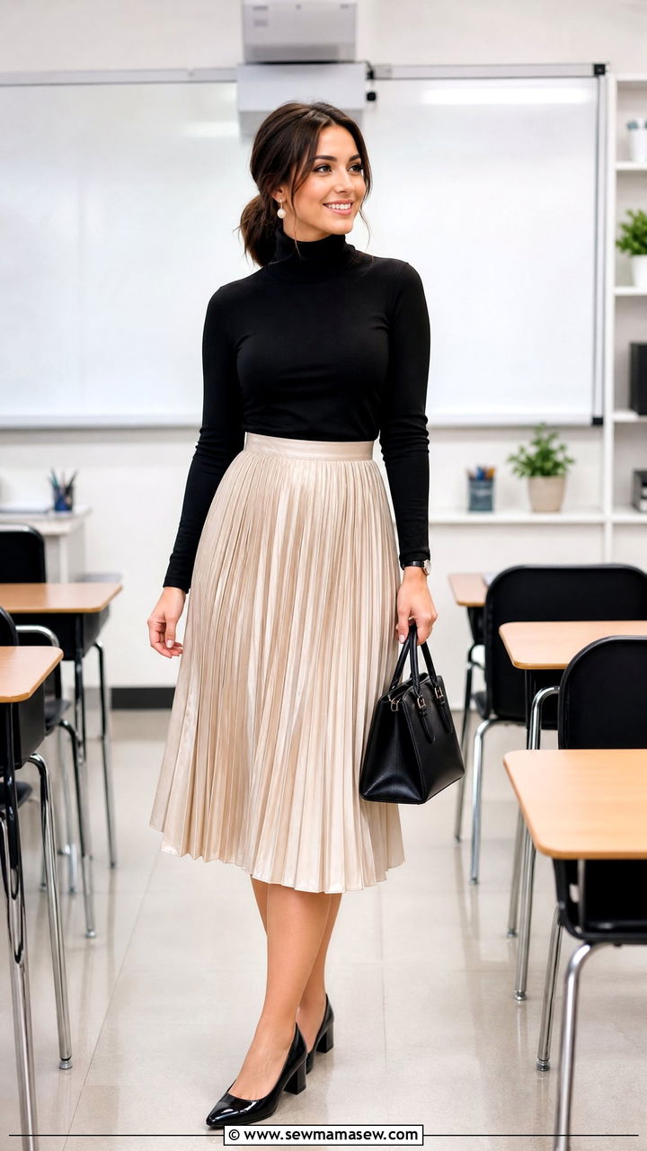 Turtleneck With Pleated Midi Skirt and Block Heels - 25 First year teacher outfit ideas
