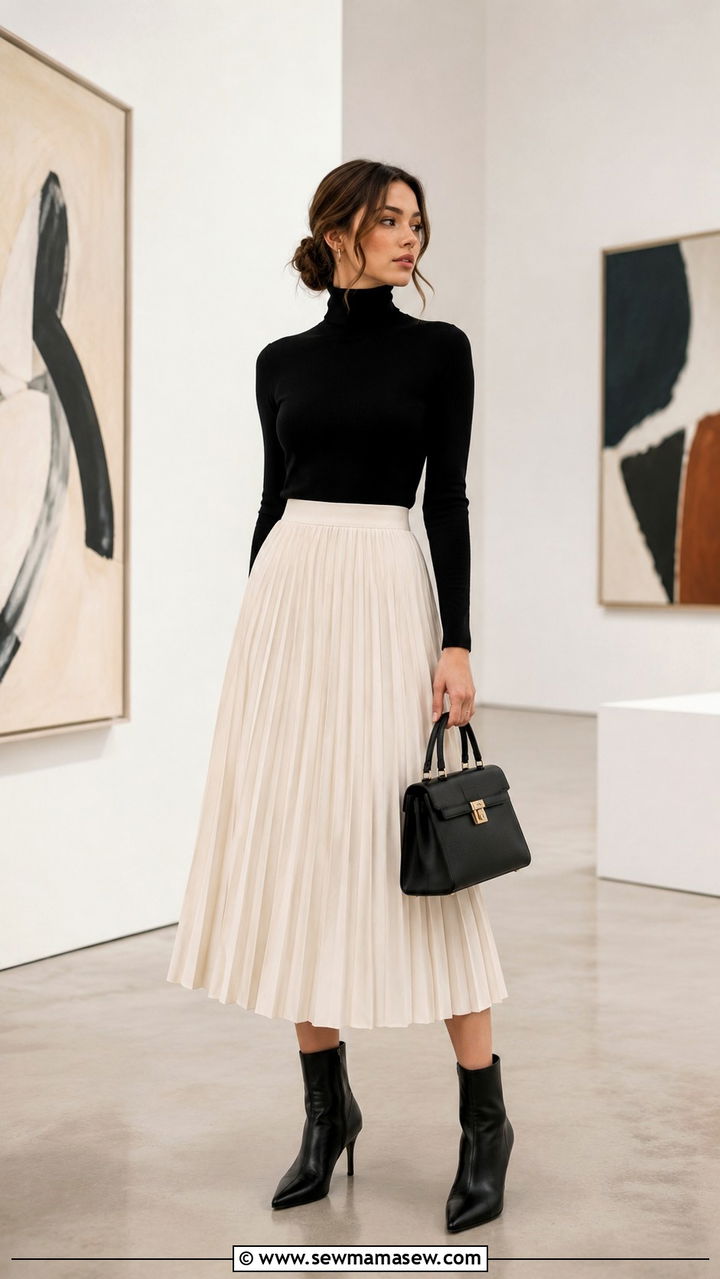 Turtleneck With Pleated Skirt And Ankle Boots - 30 Pleated skirt outfit ideas with boots