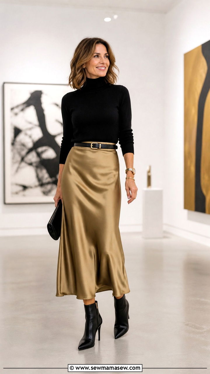 Turtleneck With Satin Midi Skirt - 20 50th birthday dinner outfit ideas