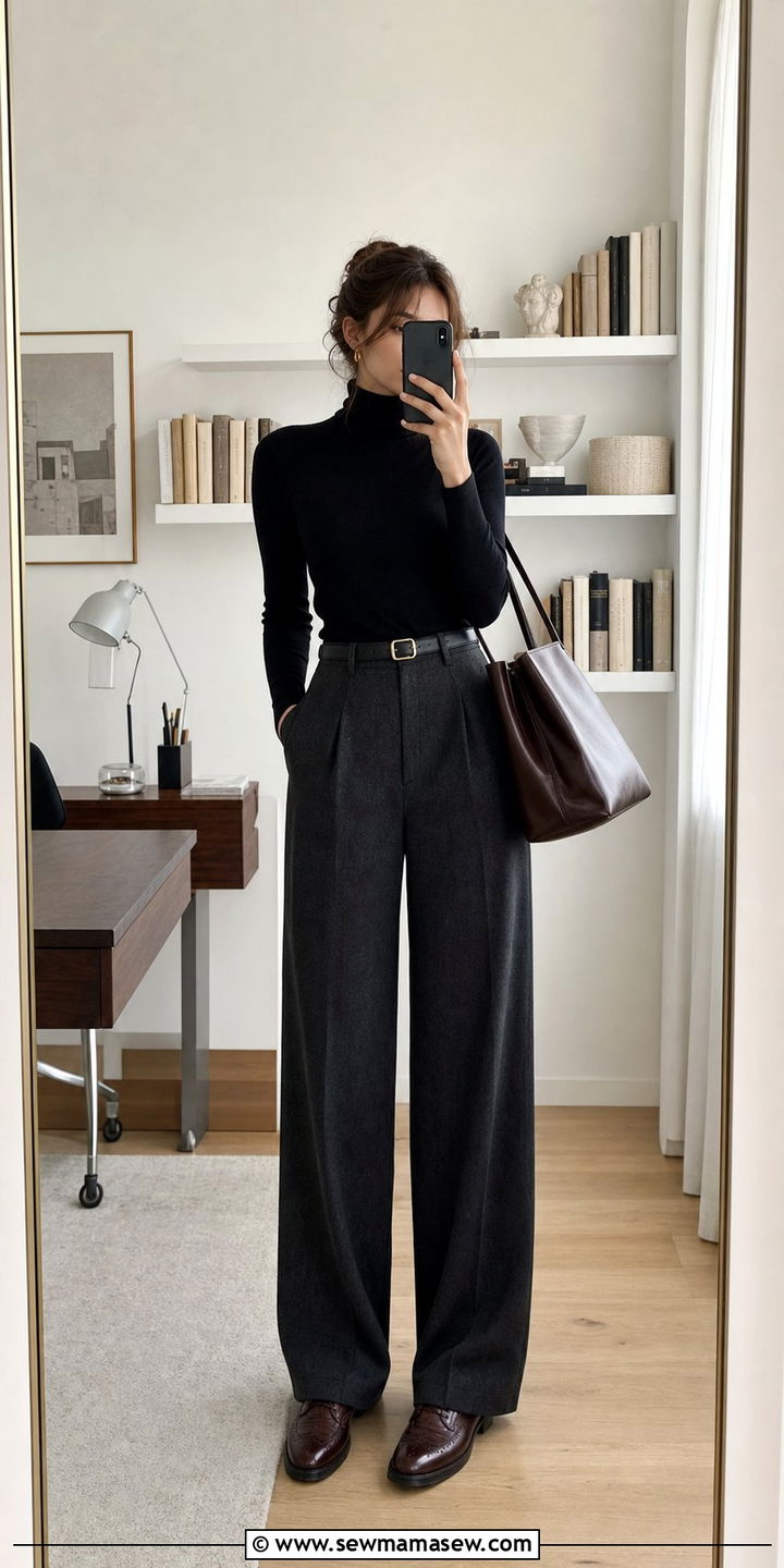 Turtleneck With Wide Leg Trousers And Brogues - 25 dark academia outfits aesthetic