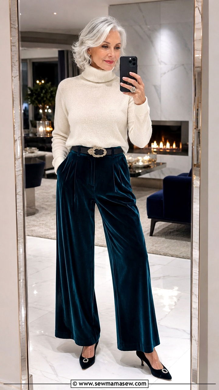 Turtleneck With Wide Leg Velvet Pants - 30 Night out outfit ideas women over 60