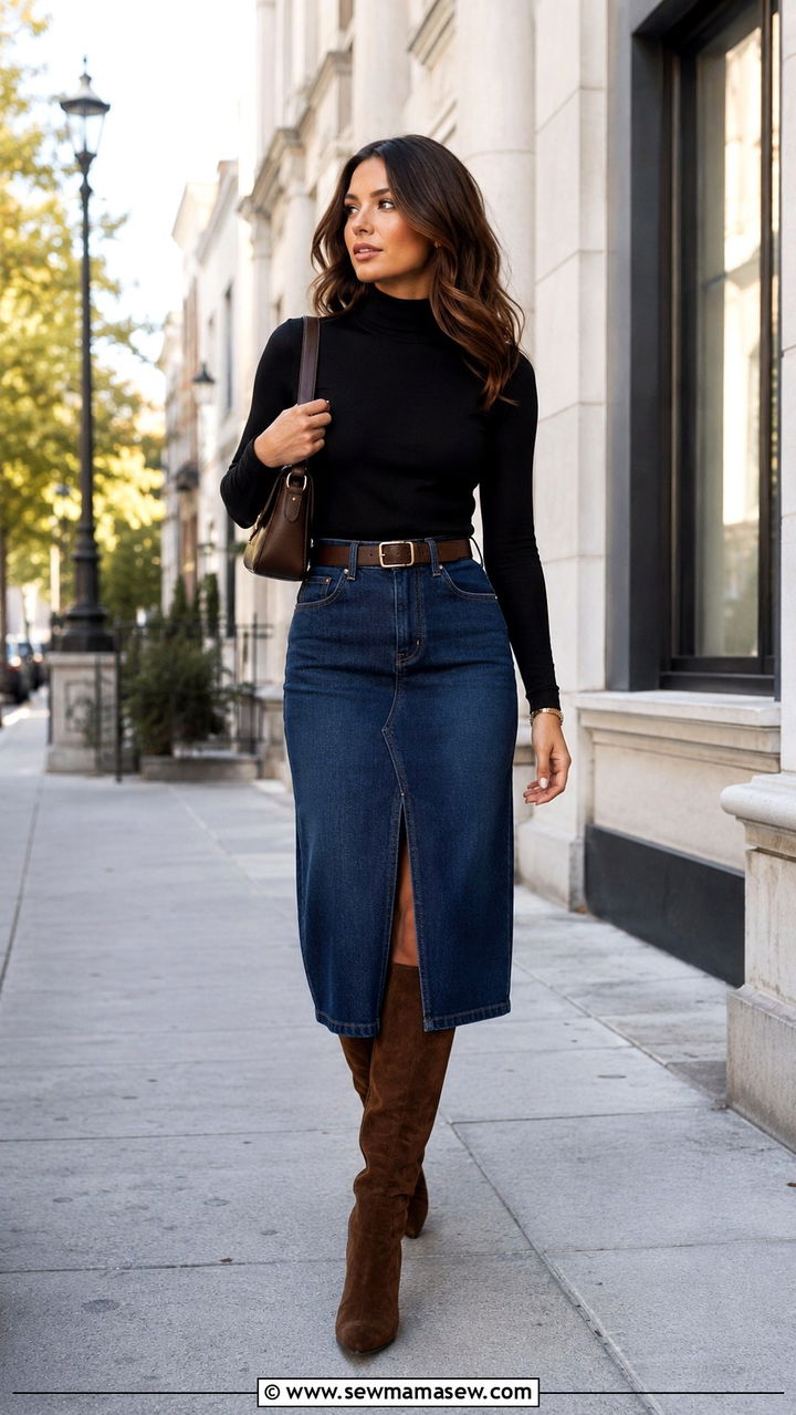 Turtleneck With a Denim Midi Skirt and Knee High Boots - 30 transitional casual outfit ideas