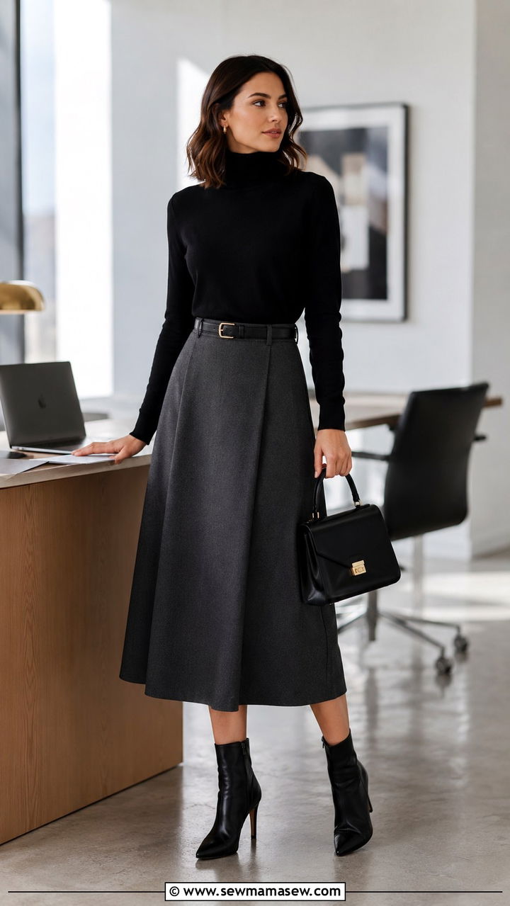 Turtleneck and A line midi skirt outfit - 20 work outfits for long torso women