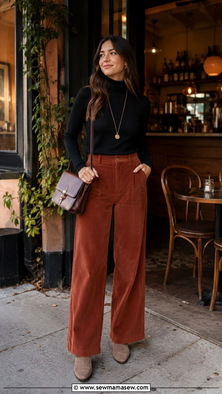 Turtleneck and Corduroy Wide Leg Pants Brunch Outfit - 30 Brunch outfit ideas Bay Area