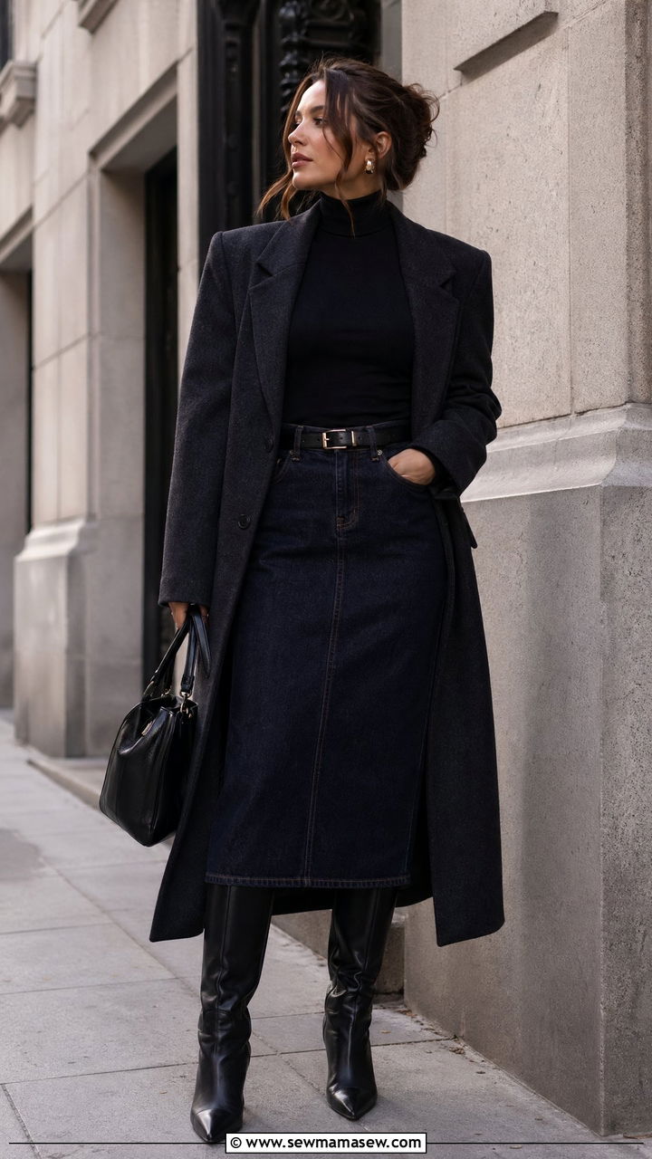 Turtleneck and Dark Wash Denim Midi Skirt Outfit - 35 denim skirt outfits inspo