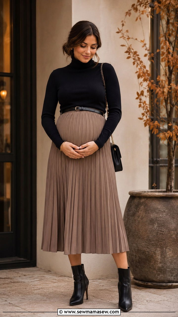 Turtleneck and Pleated Midi Skirt - 30 classy baby shower outfit ideas