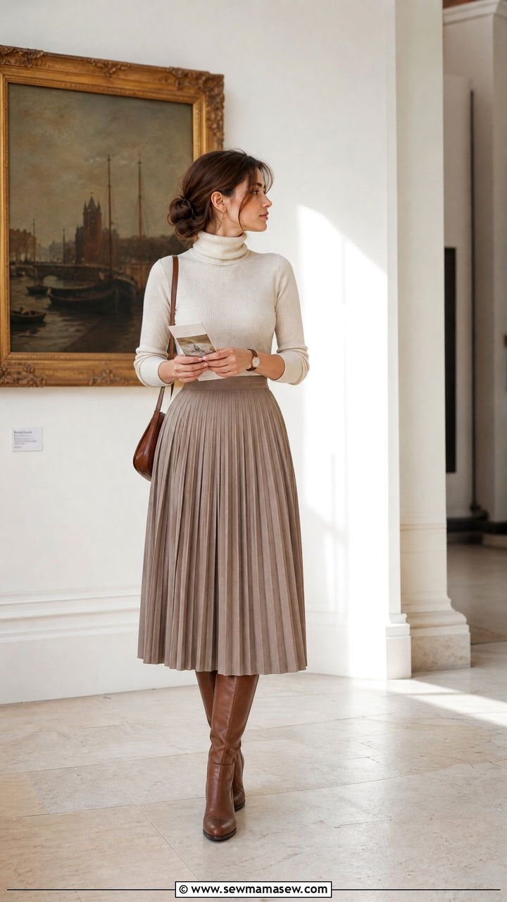 Turtleneck and Pleated Midi Skirt - 25 classy light academia outfit ideas