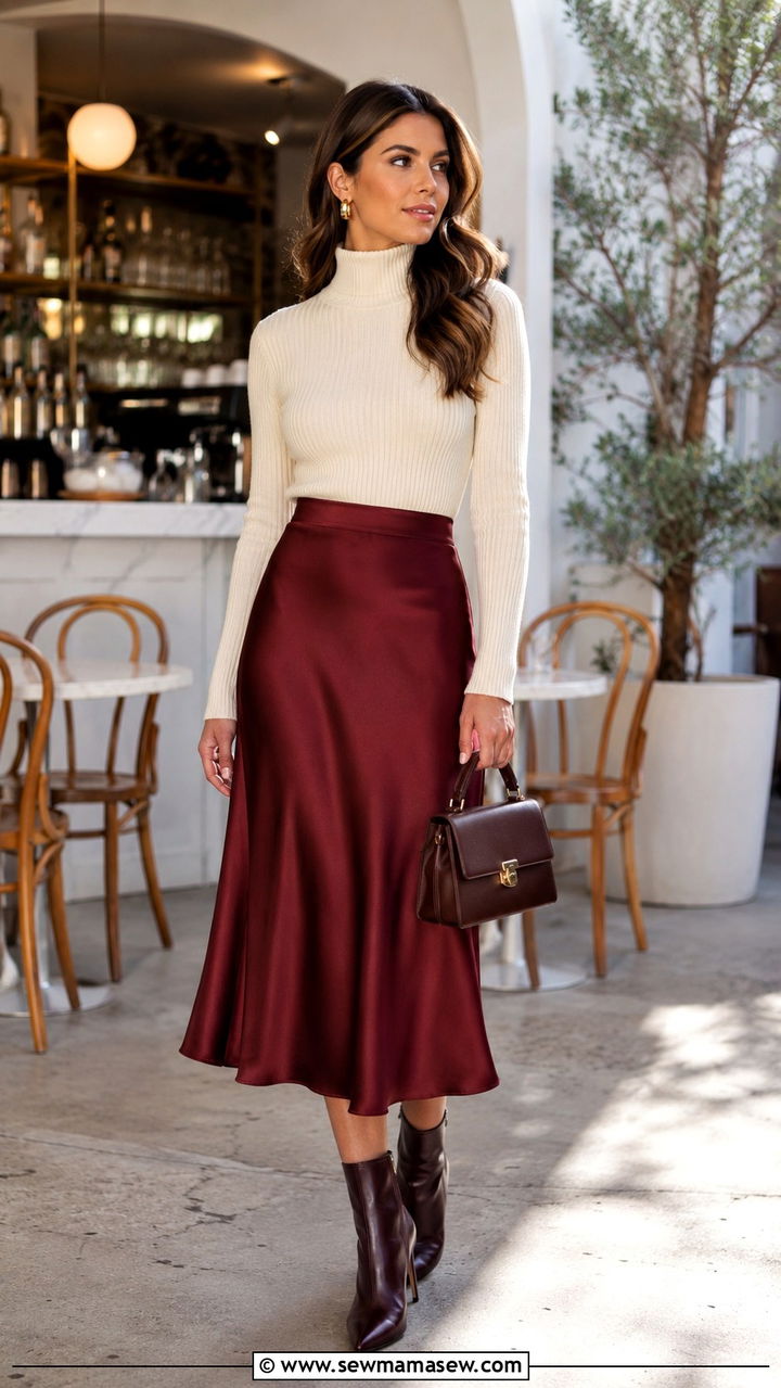 Turtleneck and Satin Midi Skirt Brunch Outfit - 25 seasonal brunch outfit ideas