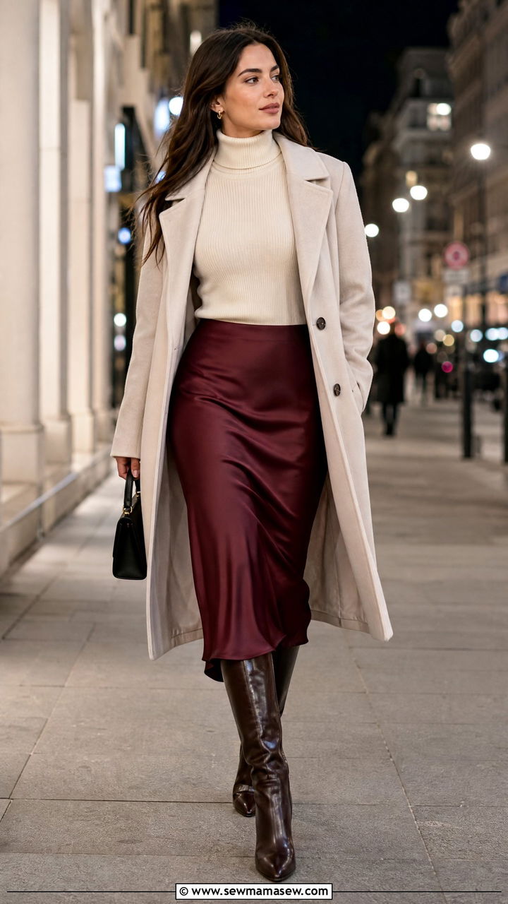 Turtleneck and Satin Midi Skirt Outfit - 30 Girls night outfit ideas casual