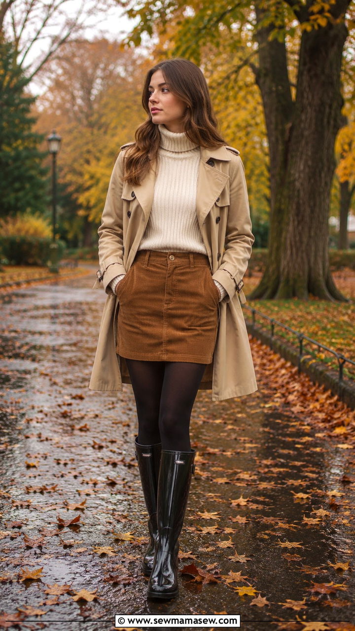 Turtleneck and Skirt With Knee High Rain Boots - 30 Rainy day school outfit ideas
