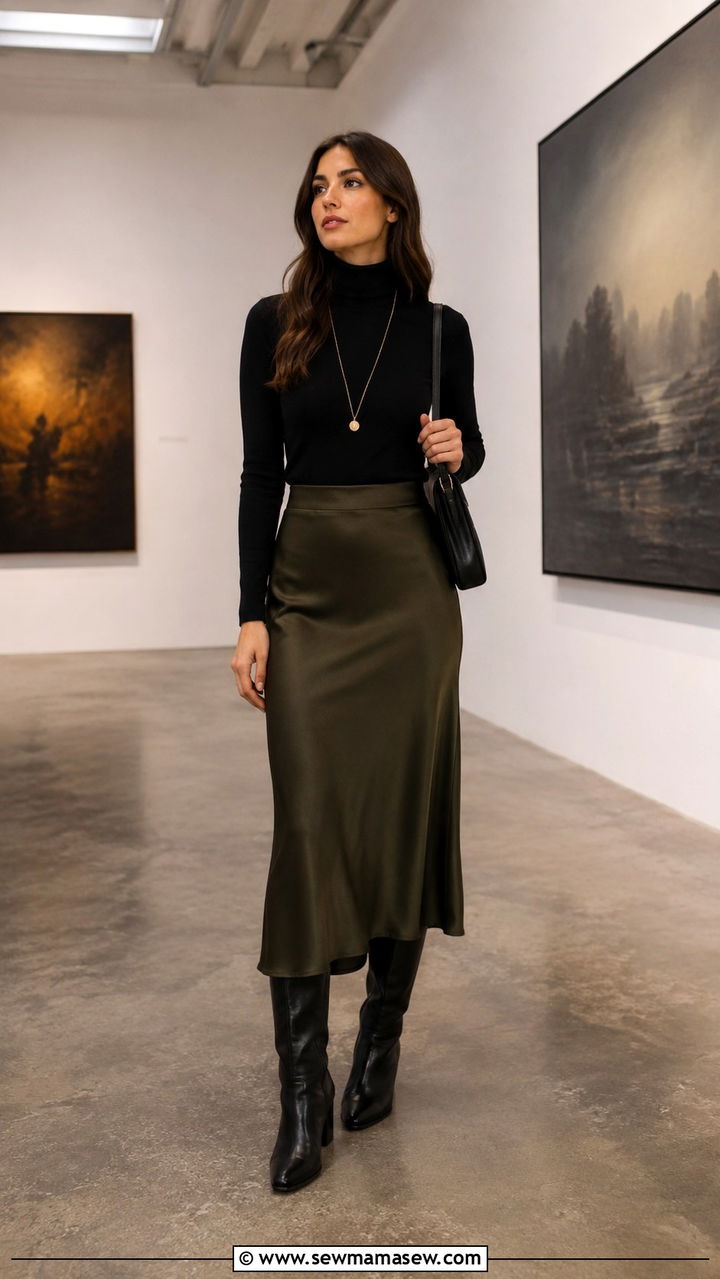 Turtleneck and Slip Skirt With Knee High Boots - 20 Photography exhibit outfit ideas