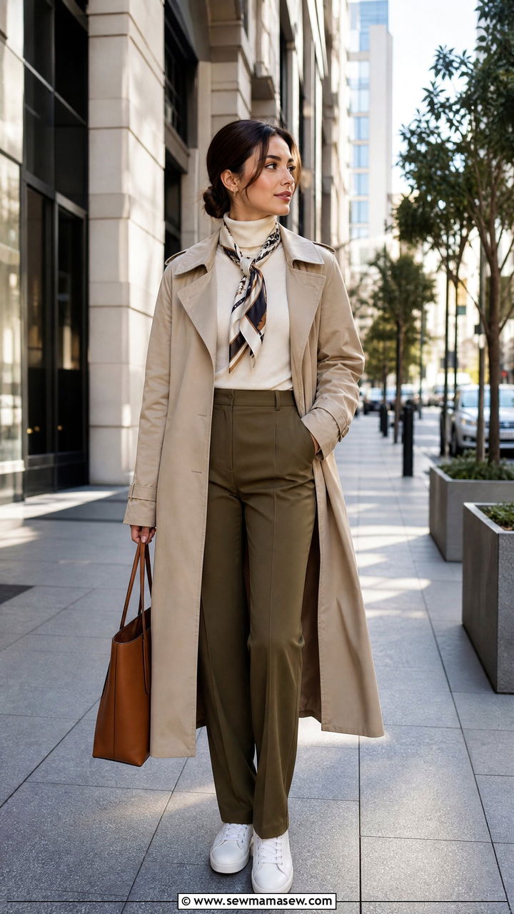 Turtleneck and Tailored Trousers Layered Under a Trench Coat - 30 Modest outfit ideas clean girl
