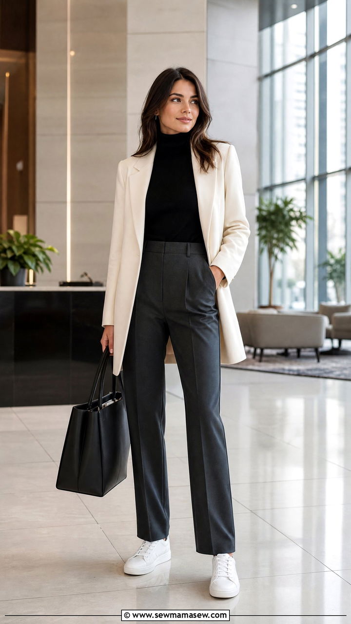 Turtleneck and Trousers with White Sneakers Office - 25 How to style white sneakers for work