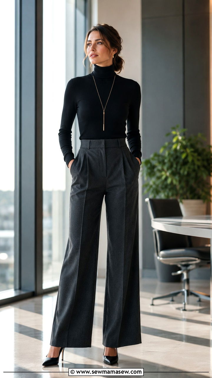 Turtleneck and Wide Leg Trousers - 25 Work outfits for pear shape