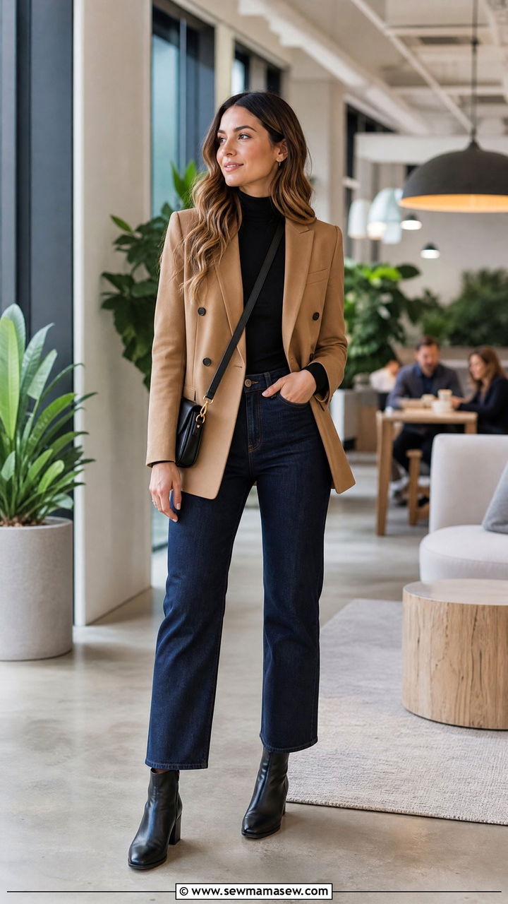 Turtleneck and blazer with dark jeans and ankle boots - 35 Marketing conference outfit ideas