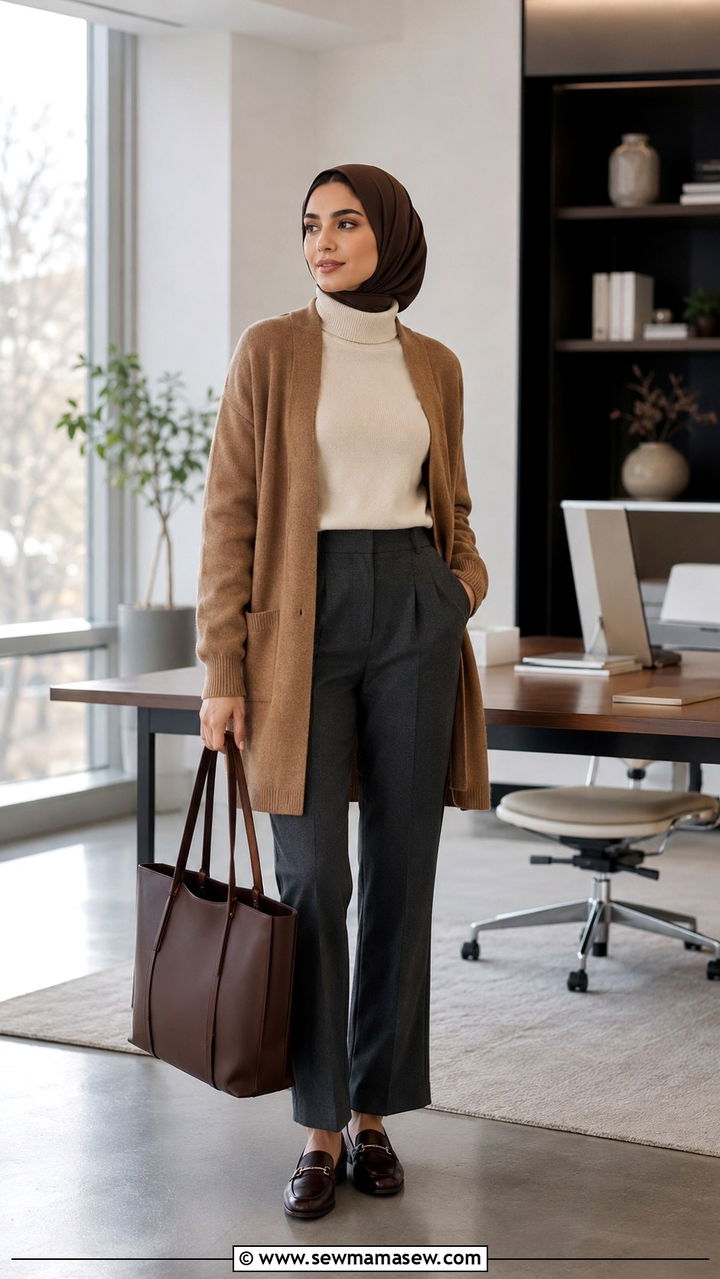 Turtleneck and cardigan with tailored trousers - 30 Modest outfit ideas with cardigan