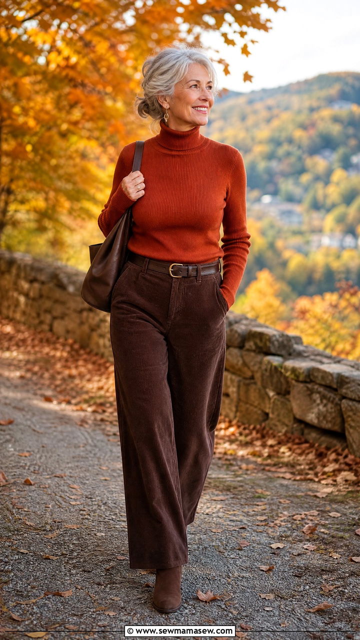 Turtleneck and corduroy pants outfit - 30 Stylish outfits for grandmas