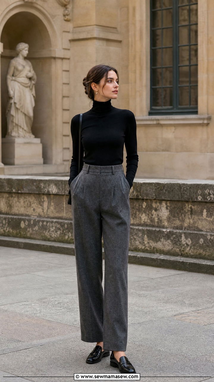 Turtleneck and grey flannel trousers with loafers - 25 Old money outfit ideas with loafers