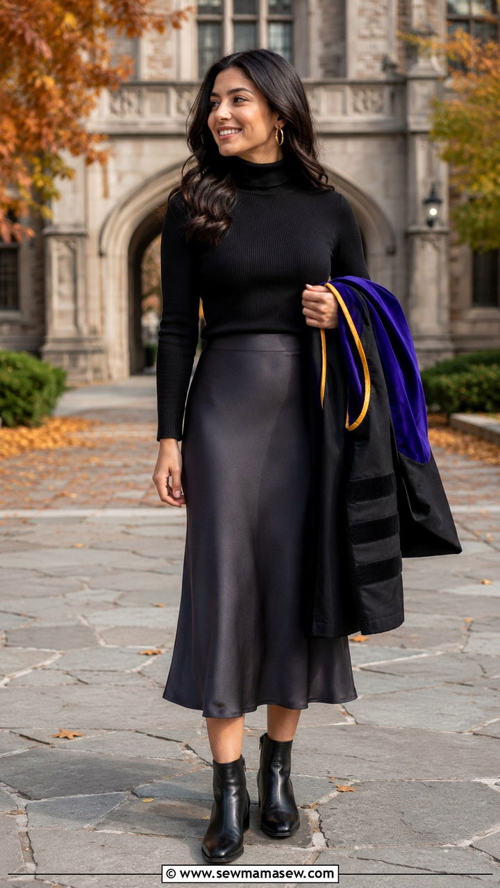 Turtleneck and midi skirt PhD hooding ceremony outfit - 20 PhD hooding ceremony outfit ideas