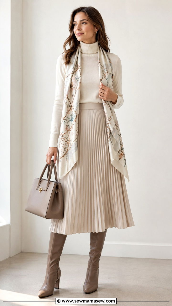 Turtleneck and midi skirt with long scarf draped open - 30 Spring outfits with scarves