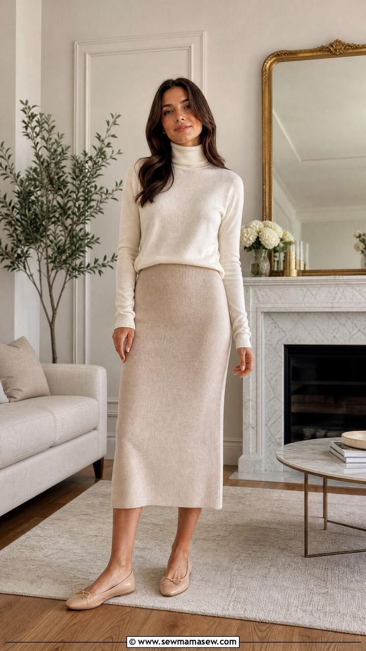 Turtleneck and midi skirt work from home outfit - 35 Loungewear outfit ideas for work from home
