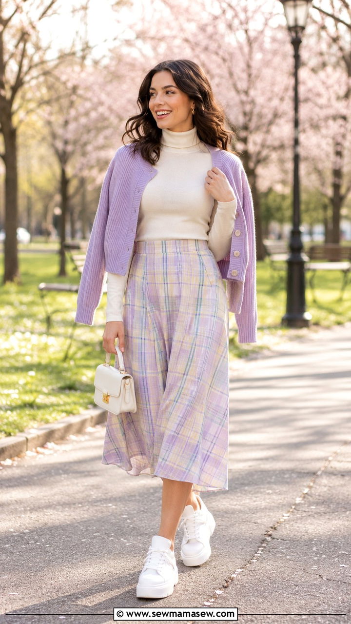 Turtleneck and plaid midi skirt spring outfit - 30 Spring outfits with turtleneck