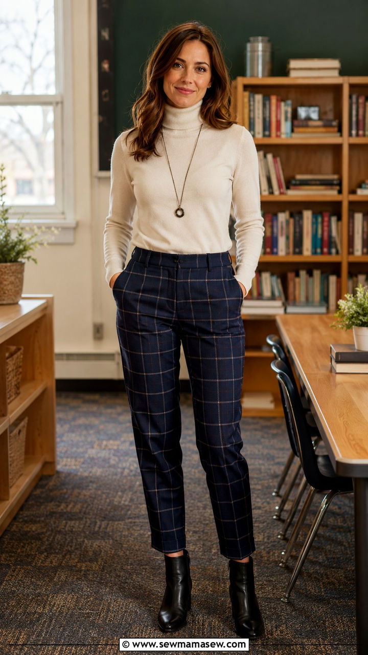 Turtleneck and plaid trousers with ankle boots - 30 Middle school teacher outfit ideas