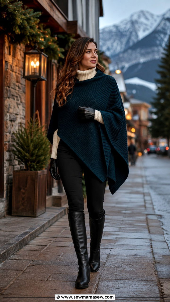 Turtleneck and poncho with riding pants and boots - 25 Modest outfit ideas for mountain trip