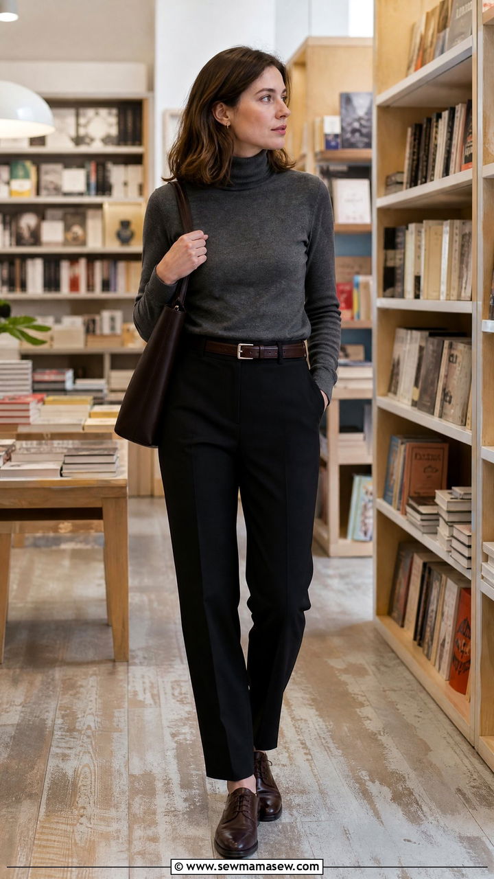Turtleneck and tailored trousers librarian outfit - 25 librarian core outfits to copy