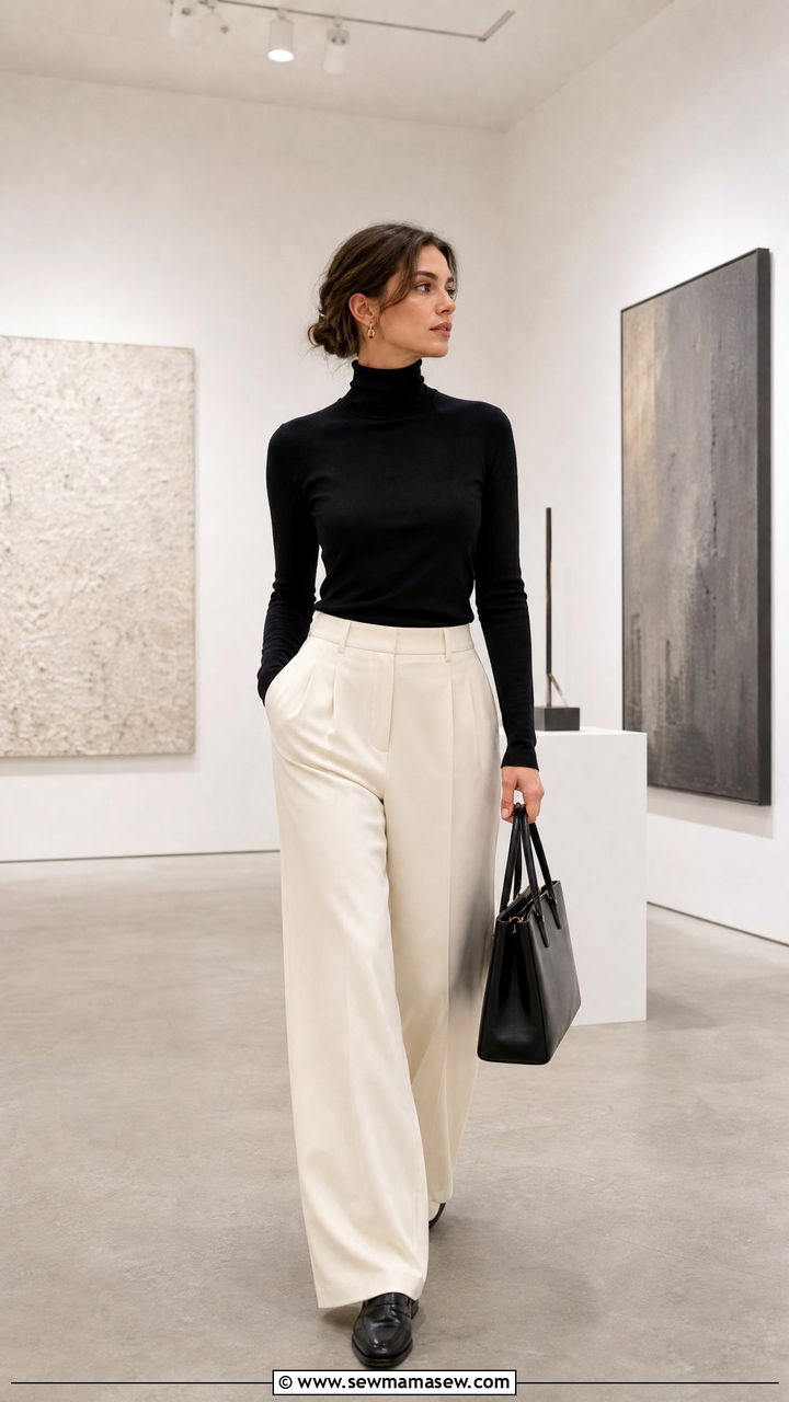 Turtleneck and tailored wide leg trousers - 25 French girl outfit ideas for travel
