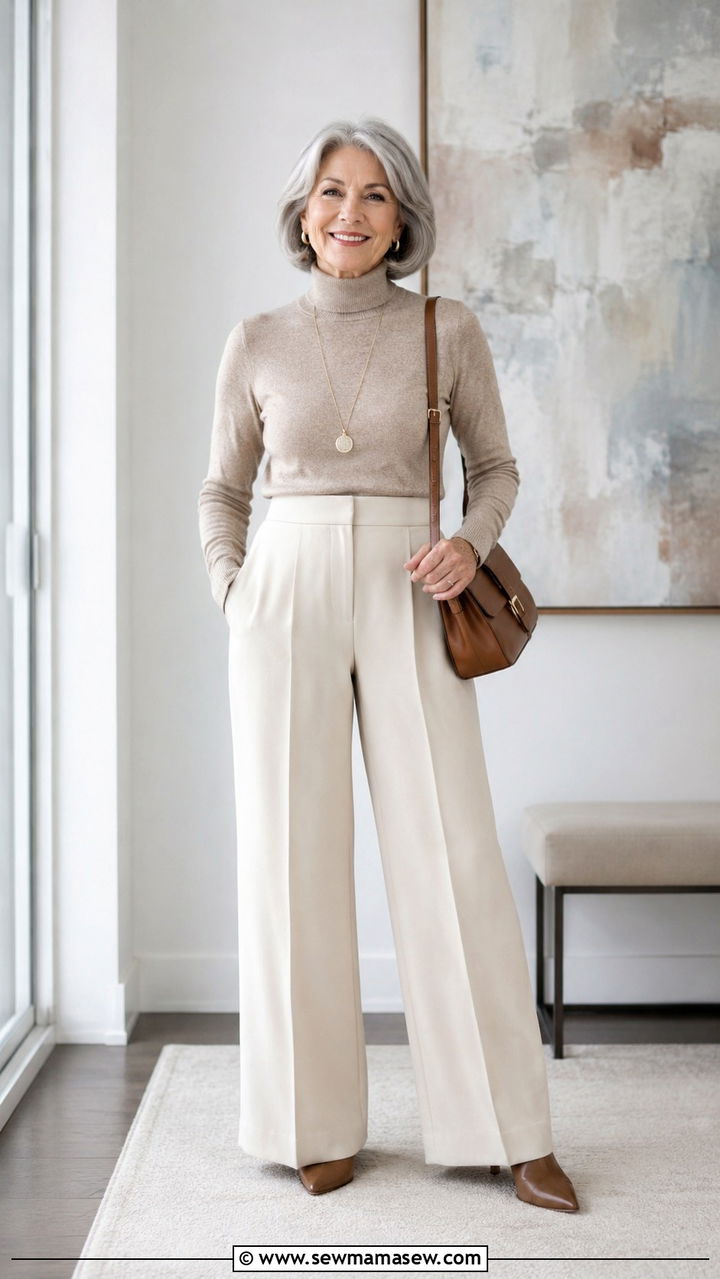 Turtleneck and wide leg trousers outfit for women over 65 - 30 Outfit ideas for women over 65