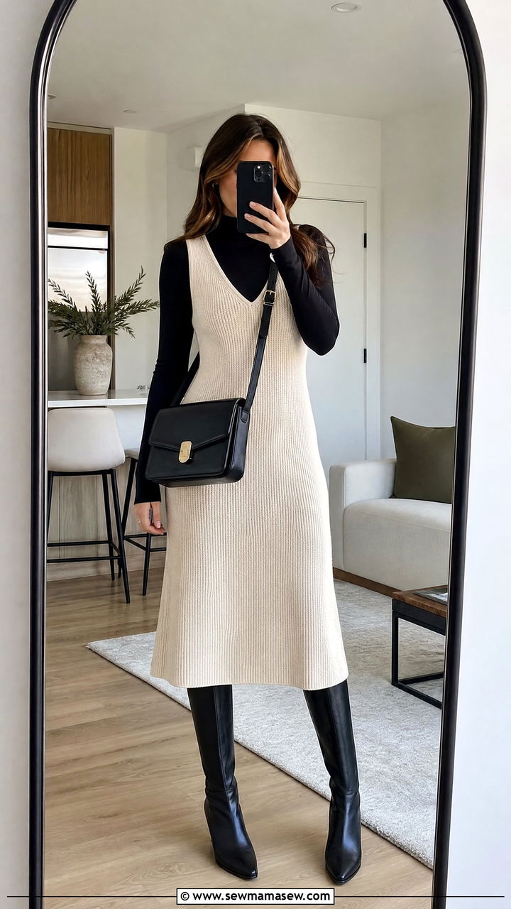 Turtleneck bodysuit under midi dress - 35 Layering outfits for changing weather