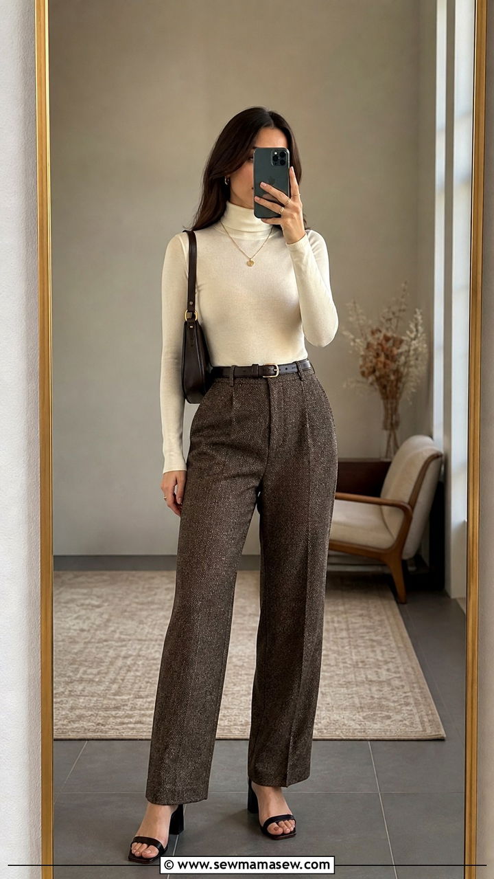 Turtleneck bodysuit with high waisted tweed trousers and block heels outfit - 40 light academia outfits