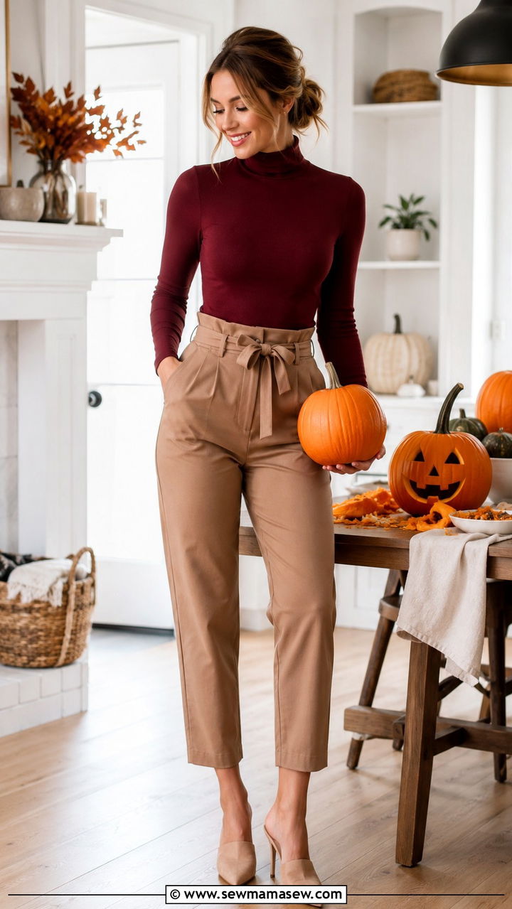 Turtleneck bodysuit with paperbag waist pants and mules - 30 Pumpkin carving party outfit ideas