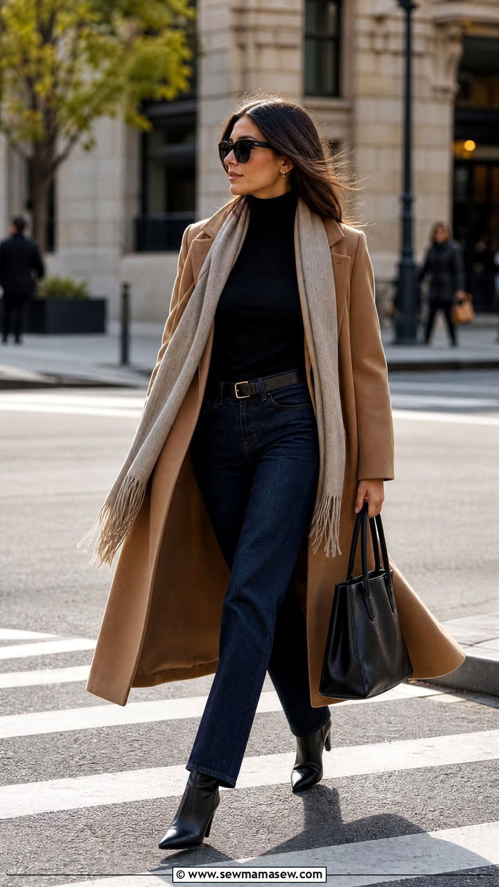 Turtleneck dark wash jeans long coat - 25 Business casual outfits with turtleneck