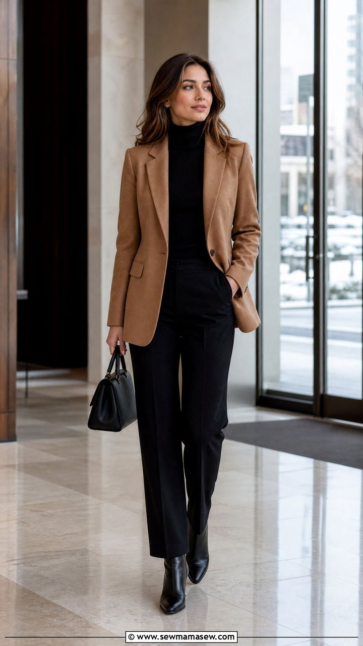 Turtleneck layered under a blazer with trousers - 35 job interview outfit ideas for women
